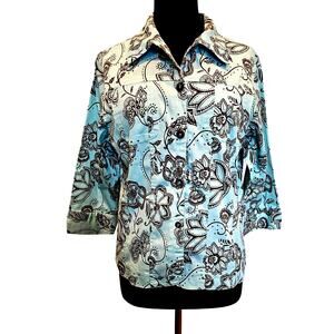 Mirror Image Floral Button Up Cotton Shirt Jacket 3/4 Sleeves Whimsy Size Large